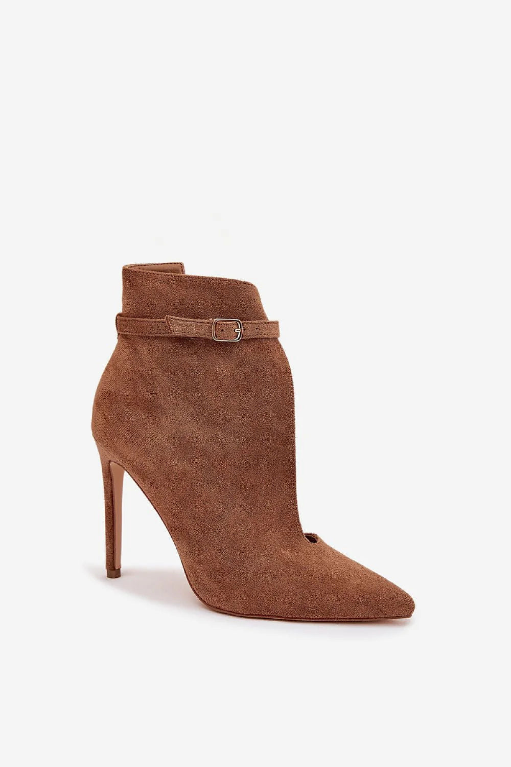 bottines suédine écologique femme talon aiguille haut découpe latérale bout pointu bride cheville boucle métal cognac