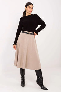 jupe femme midi évasée tricot côtelé beige taille haute ceinture amovible boucle ronde élégante confortable stretch fluide chic