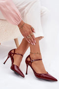 escarpins femme similicuir vernies bordeaux bride cheville réglable boucle talon aiguille haut bout pointu élégants