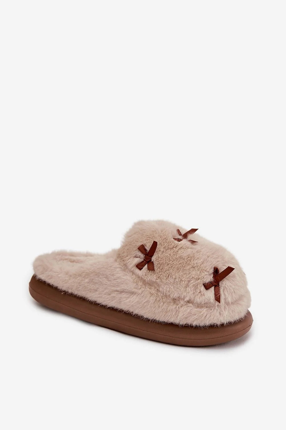 pantoufles femmes fourrure fausse beige pâle bout rond rembourré doublure ultra douce semelle épaisse marron noeuds ruban confort chaleur intérieur