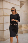 Robe de jour La Aurora longueur midi manches trois-quarts motifs léopard couleur noire taille ajustable femme style élégant coupe droite