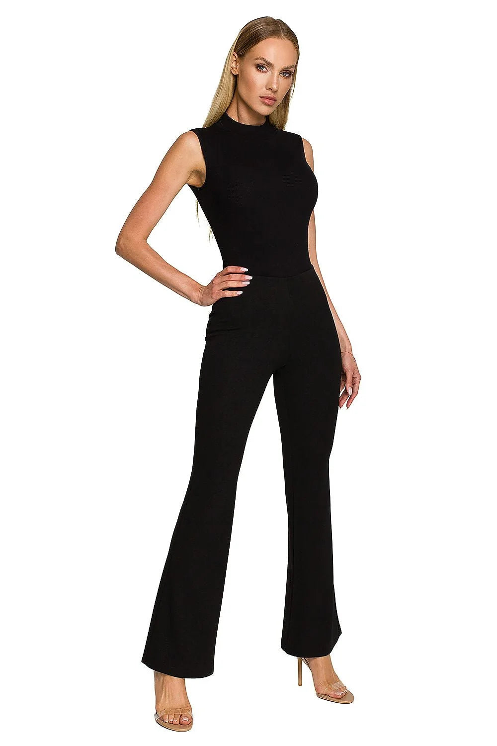 pantalon femme taille haute jambes évasées cheville noir élégant minimaliste stretch extensible maille lisse ceinture élastique sanspoches sansfermeture