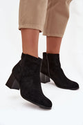 bottines cheville femme suédine noires bout légèrement effilé talon bloc moyen stable confortable fermeture éclair latérale finition veloutée