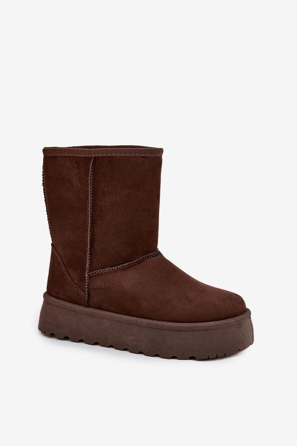 bottes neige femme suédine effet daim marron chocolat slipon tige montante cheville doublée fourrure plateforme crantée