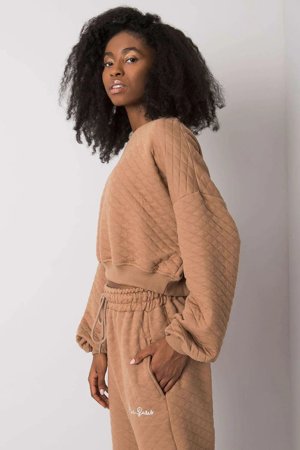 Sweatshirt femme moderne décontracté tissu matelassé kaki losanges manches longues ample urban casual