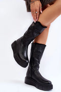 bottes femme mihautes cuir noir plateforme compensée doublure laine semelle caoutchouc crantée fermeture éclair design urbain chunky élégant confortable polyvalent