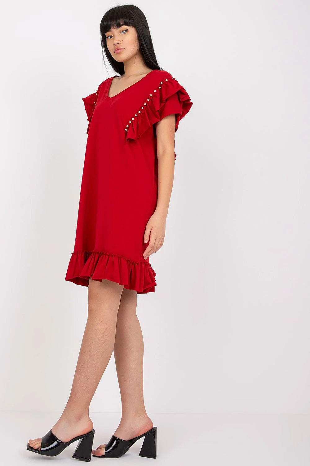 robe estivale corail légère fluide coton viscose col rond coupe droite manches courtes volants perles ourlet volanté féminine chic confortable