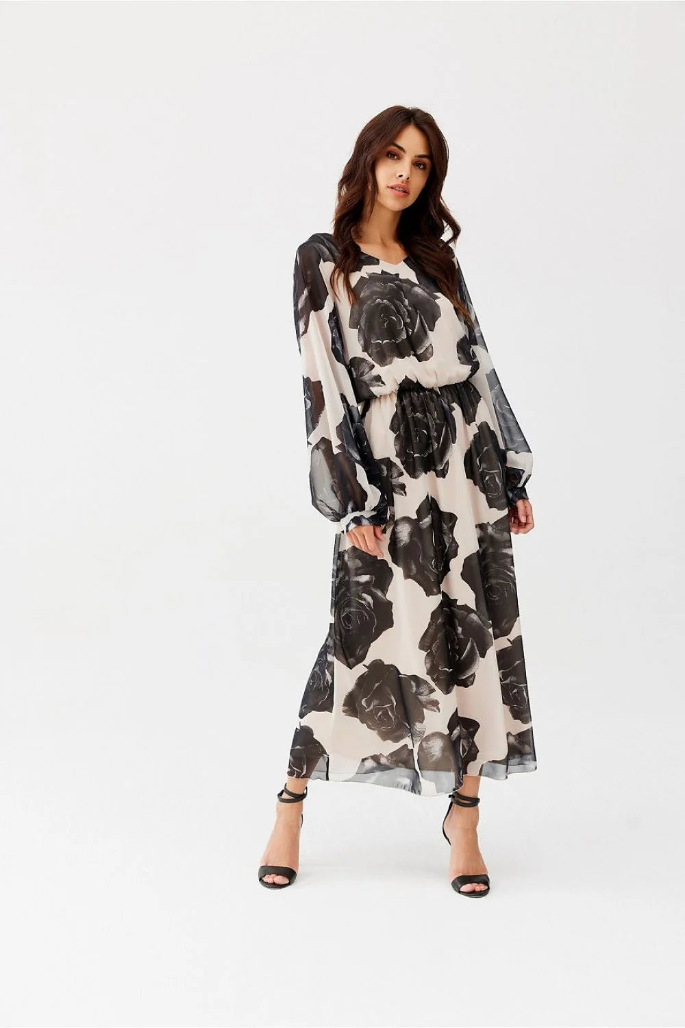 Robe de jour Roco Fashion longue mousseline de soie motifs floraux audacieux couleur blanc cassé manches longues semi-transparentes encolure V ceinture élastique occasion多様