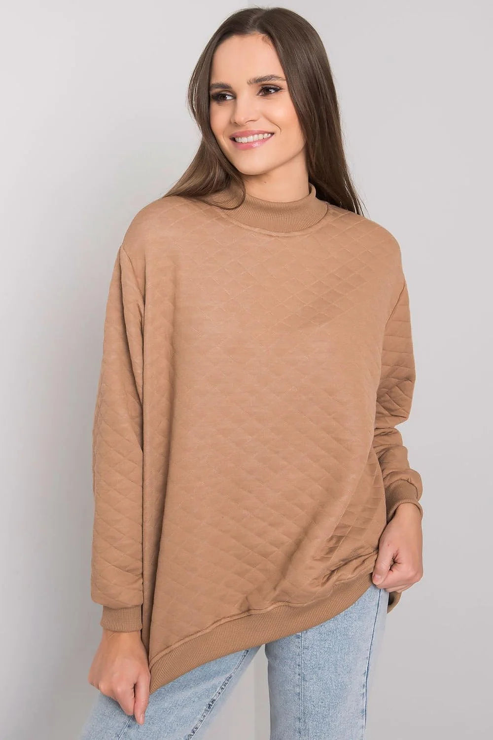 Pull pour femmes oversize en coton et élasthanne motif carreaux beige clair manches longues poignets côtelés
