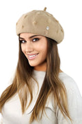 béret Kamea femme laine feutrée beige camel rond tige sommitale nœuds texturés broderies circulaires médaillon métallique discret style parisien chic