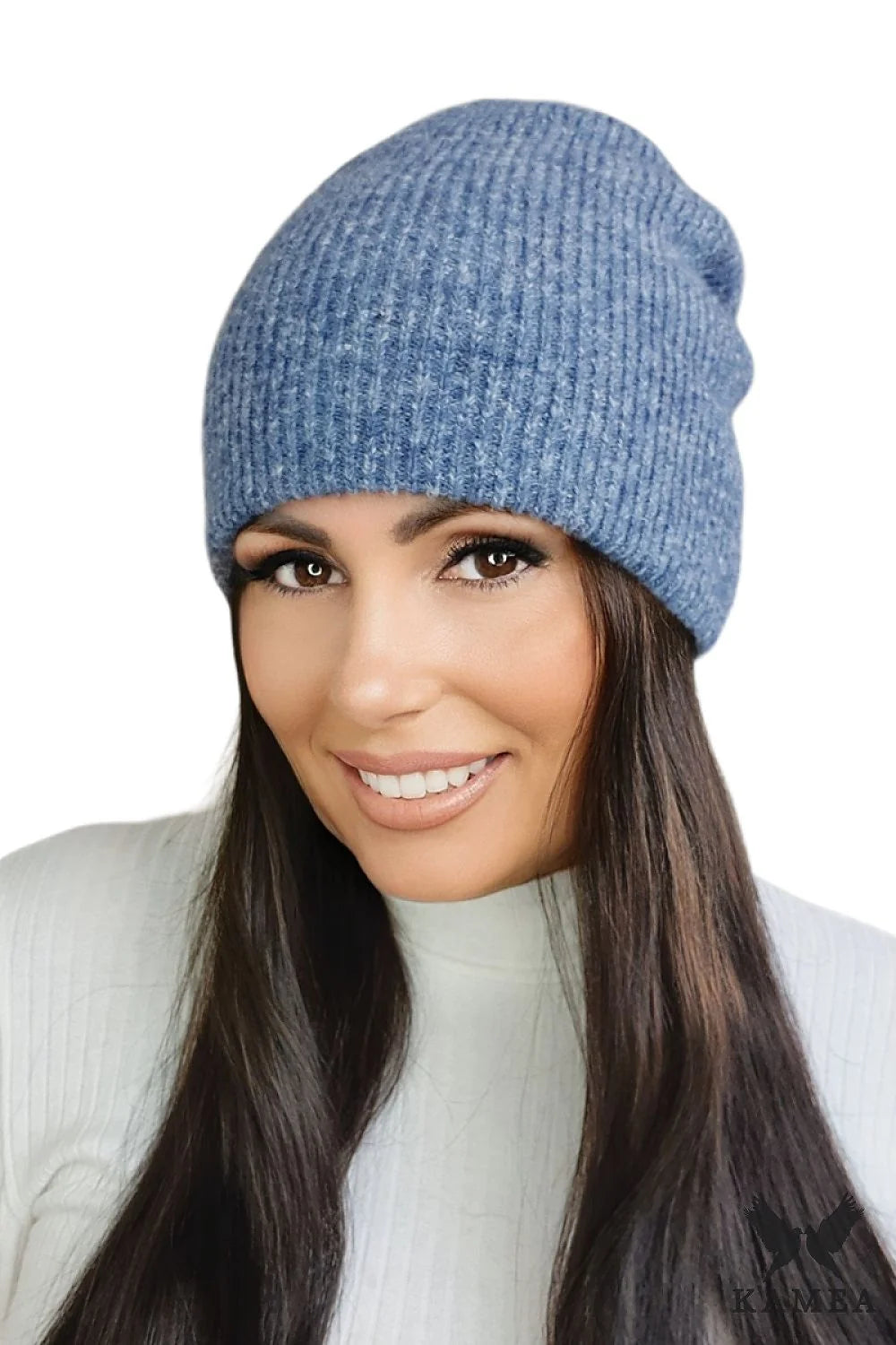 Bonnet à côtes pour femme en tricot doux bleu clair hiver froid style intemporel ajusté femmes