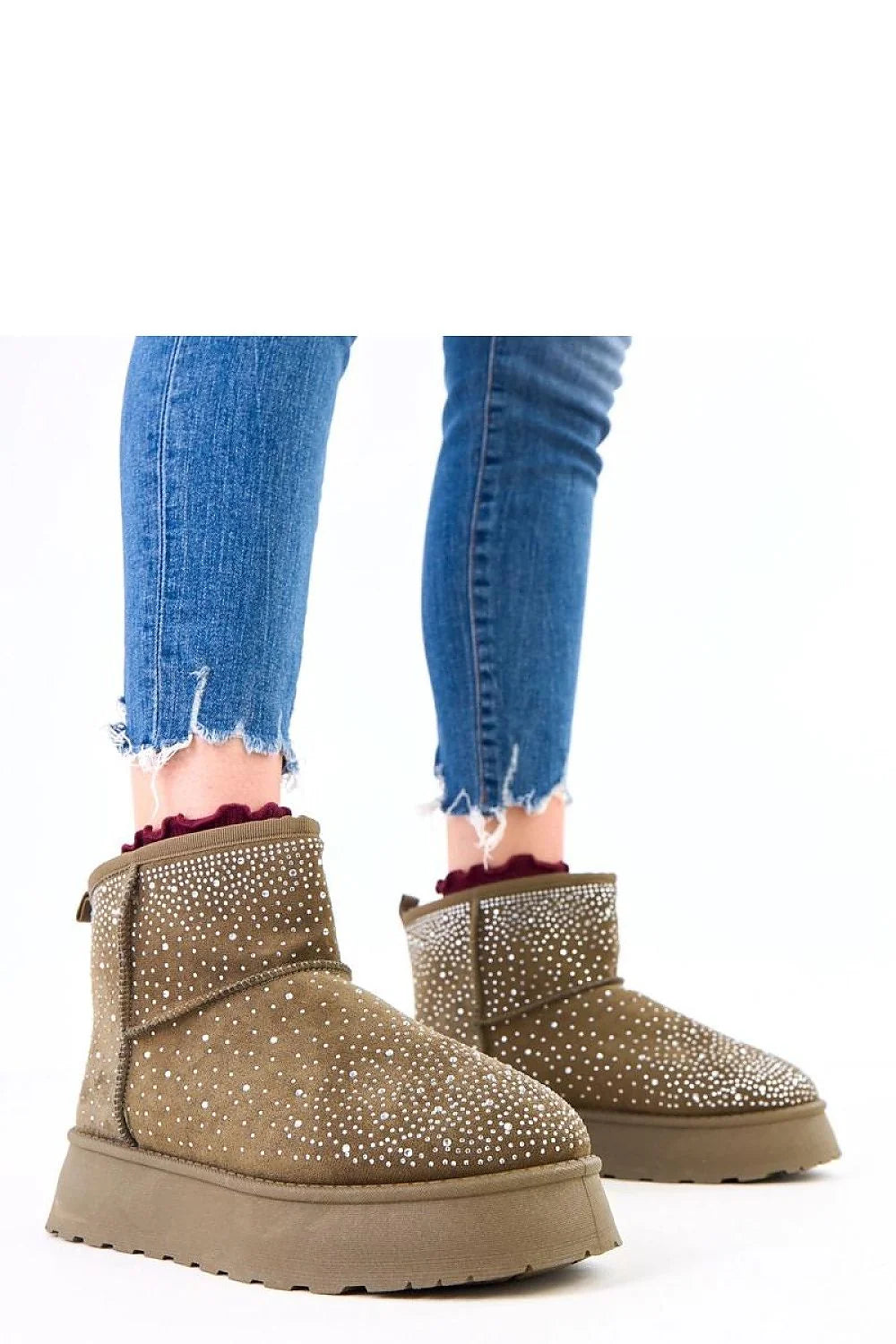 bottines femme suédine kaki strass scintillants plateforme chunky bout rond talon plat doublure fourrée semelle crantée bride arrière chaleur confort