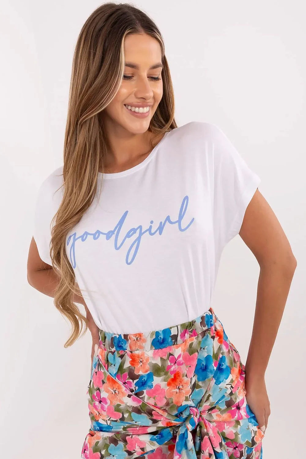 T-shirt Sublevel goodgirl casual femme manches courtes col rond ajusté blanc bleu floral été