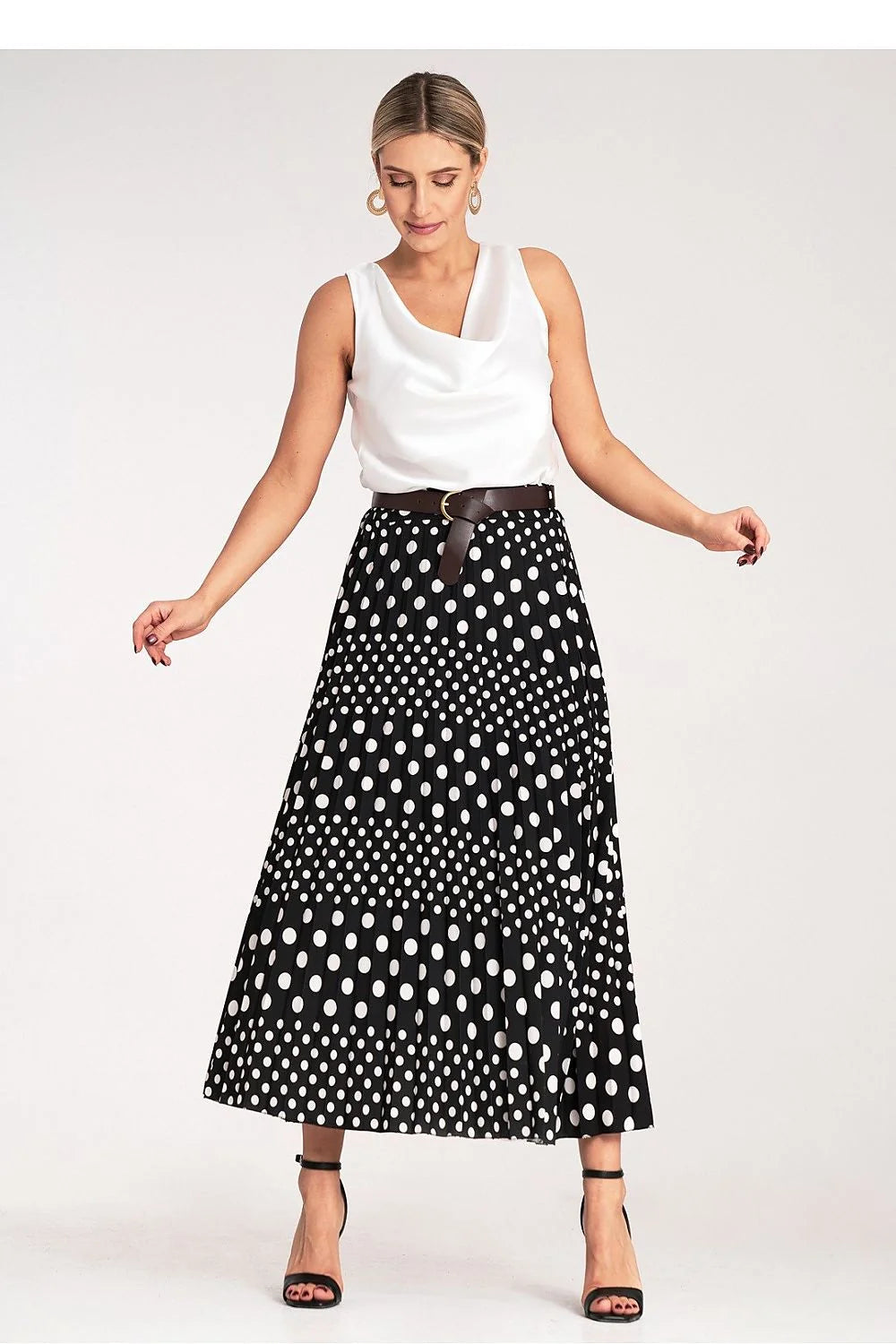 Jupe midi plissée femmes motif pois blancs taille haute ceinture dorée Polyester Élasthanne sortie soirée travail