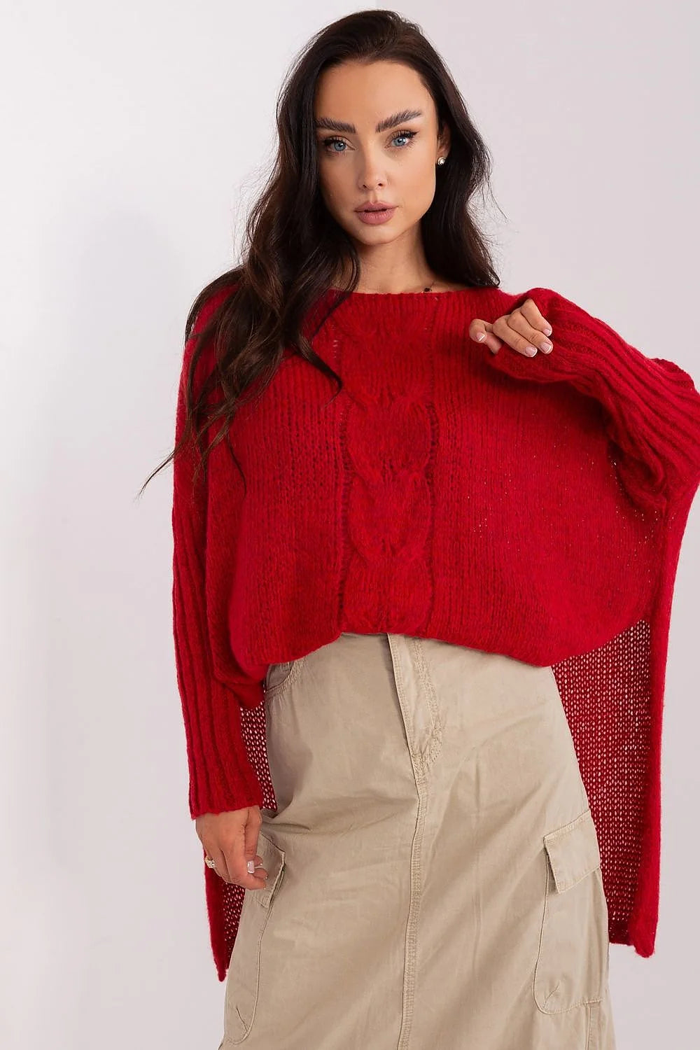 Pull pour femme moderne asymétrique couleur rouge vive motif torsadé manches longues côtelées ajustables confort acrylique