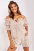 Chemisier Lakerta Femme Épaules Dénudées Manches Courtes Motif Brodé beige Clair Taille Haute Short Court Coupe Évasée Occasion Estivale Chic Confortable