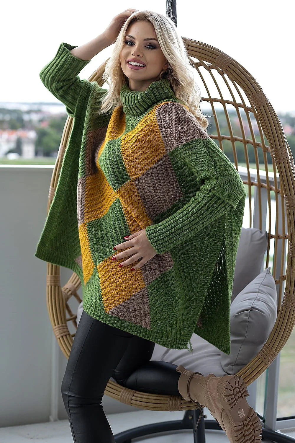 Poncho féminin élégant col roulé motif losanges crème brun gris maille épaisse automne hiver taille universelle