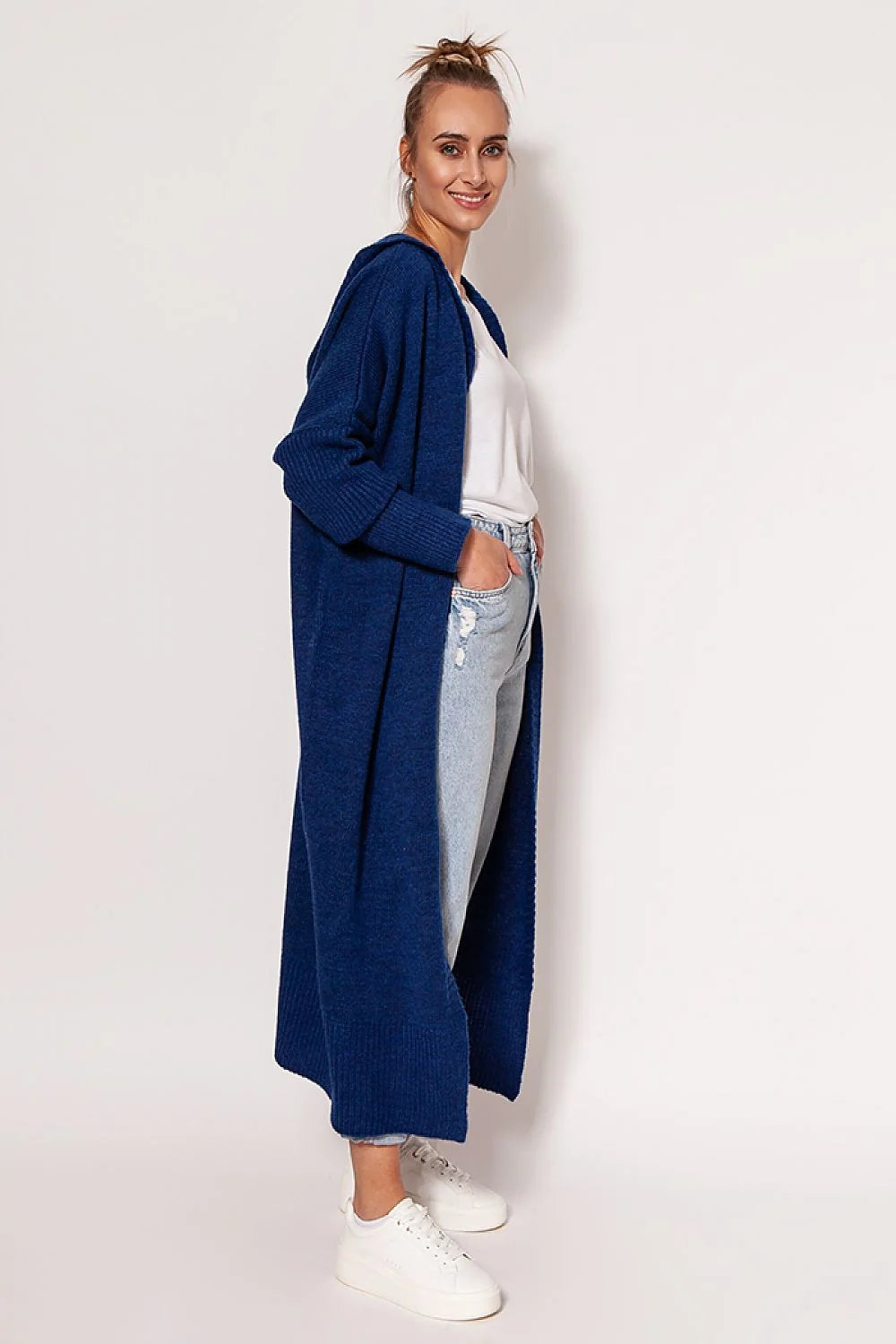 Cardigan pour femme en acrylique et laine, style décontracté, capuche et poches, longueur totale 120 cm