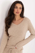 pull femme côtelé beige chiné colV manches longues coupe ajustée maille extensible douce viscose polyester nylon polyvalent élégant