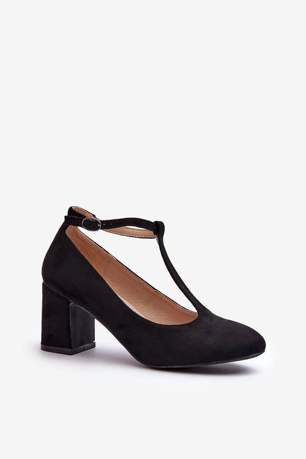 Escarpins talon large design moderne élégant cuir suédé écologique bride T ajustable fermeture boucle chaîne cheville noire femmes confort soirée