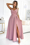 robe longue élégante rose poudrée Numoco cachecoeur décolleté V croisé taille marquée plis latéraux jupe fluide fente discrète