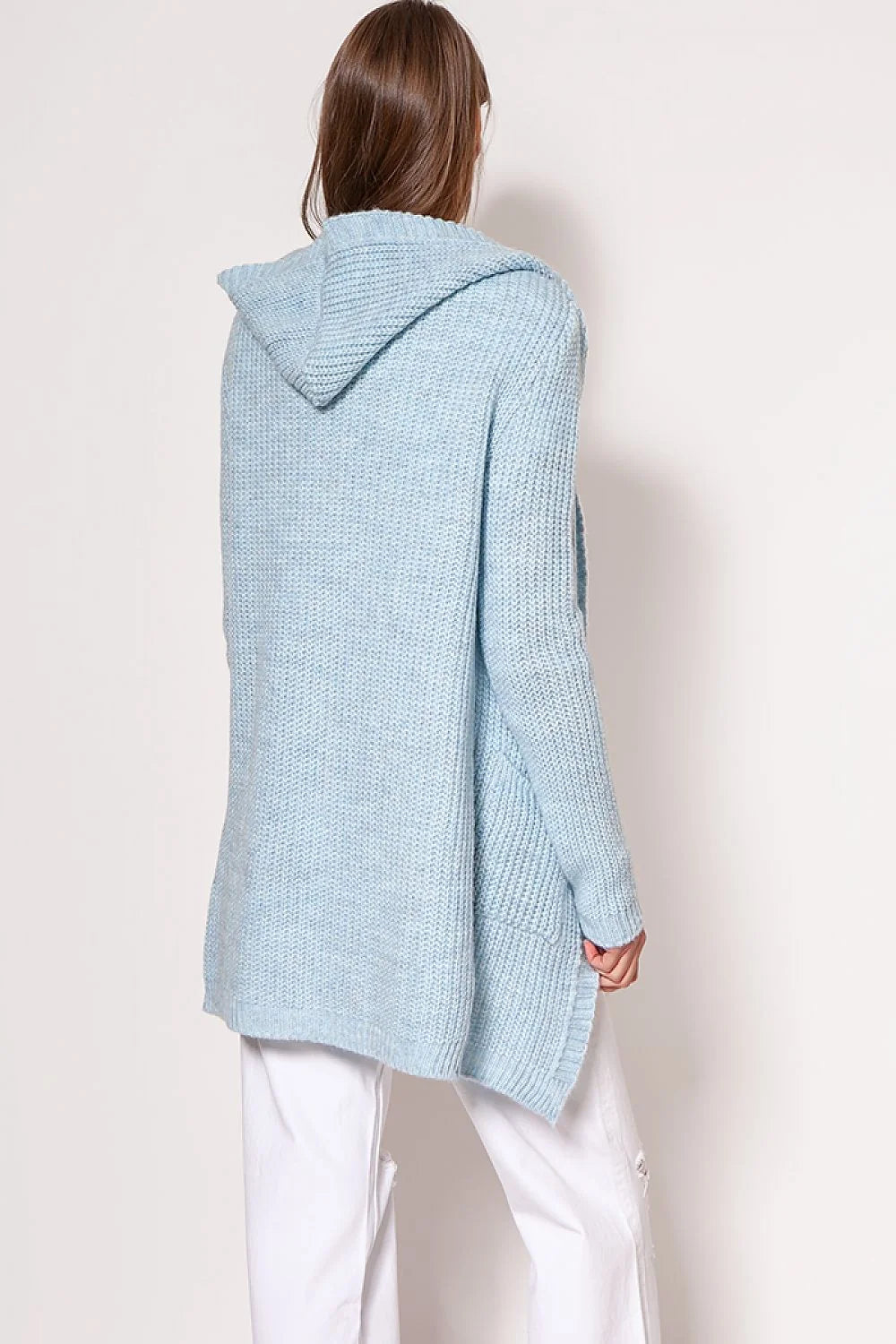 Cardigan long ouvert pour femme en tricot maille rouge vif coupe ample épaules tombantes manches longues poches intégrées matières mixtes acrylique polyester laine