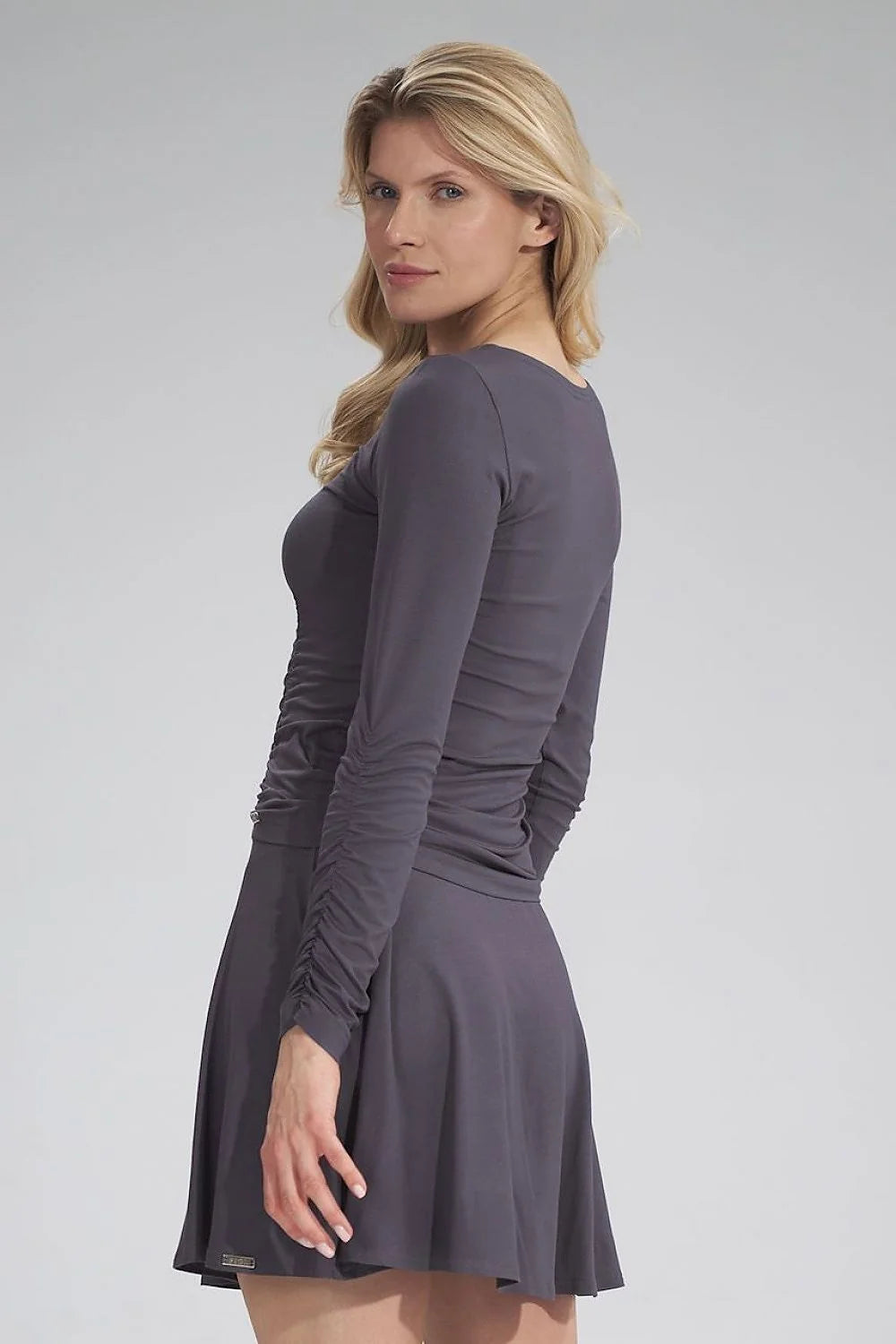 Robe maille jersey gris chiné confortable manches longues élégante ajustée évasée décontractée tendance quotidienne féminine
