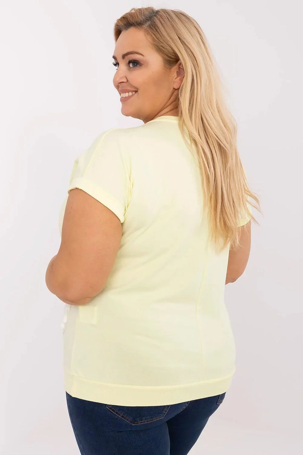 T-shirt femme élégant moderne tunique fleur brodée paillettes coton élasthanne manches courtes couleur jaune pâle