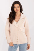 Veste élégante pour femme en mélange de laine, viscose et angora, col cranté, boutons dorés, coupe droite, poches zippées