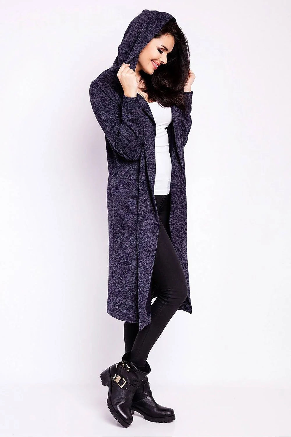 Cardigan long ample en laine bleu chiné élégant et confortable pour femmes modernes style décontracté chic