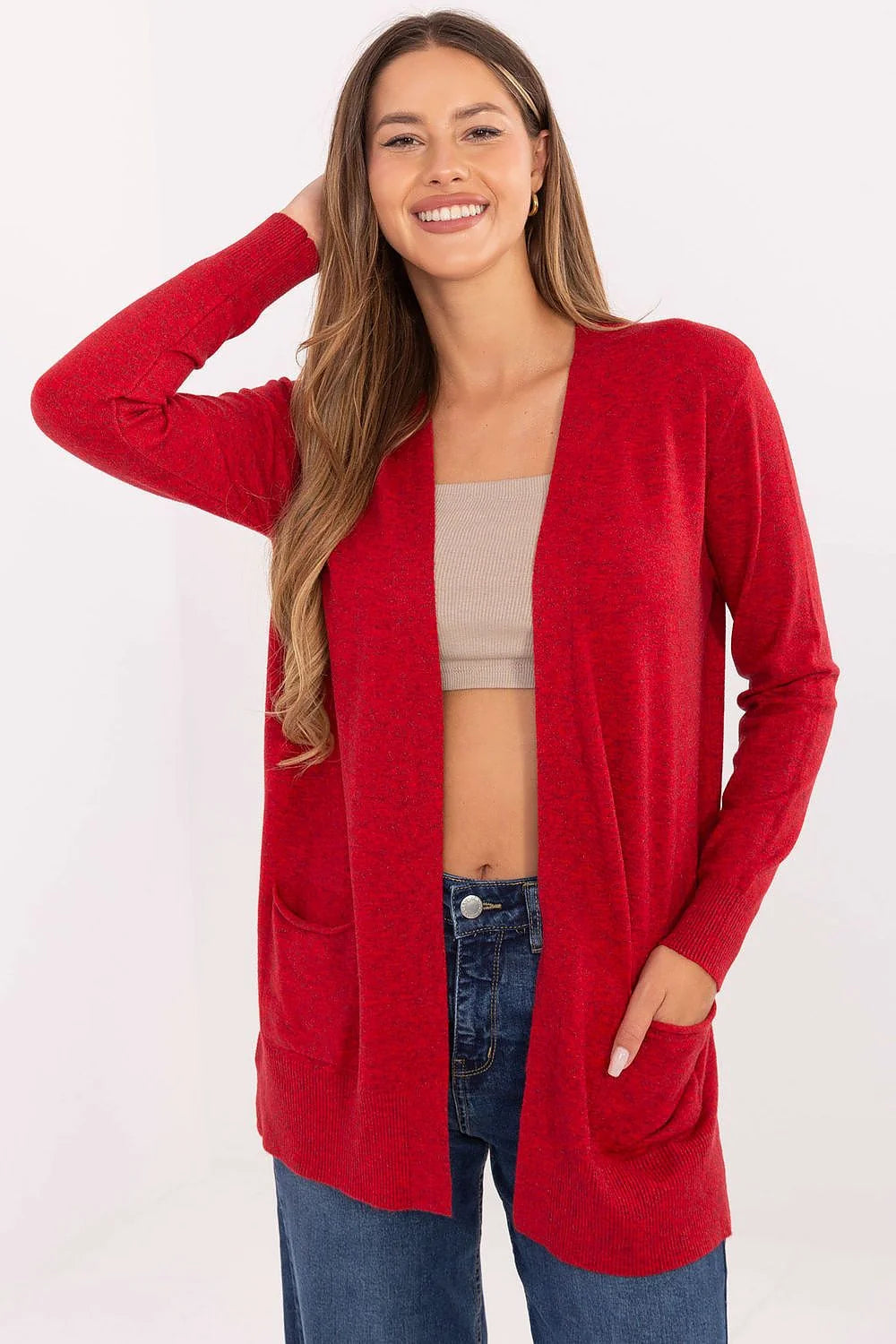 cardigan cape femme rouge vif long ouvert maille douce légère coupe droite manches longues poches plaquées
