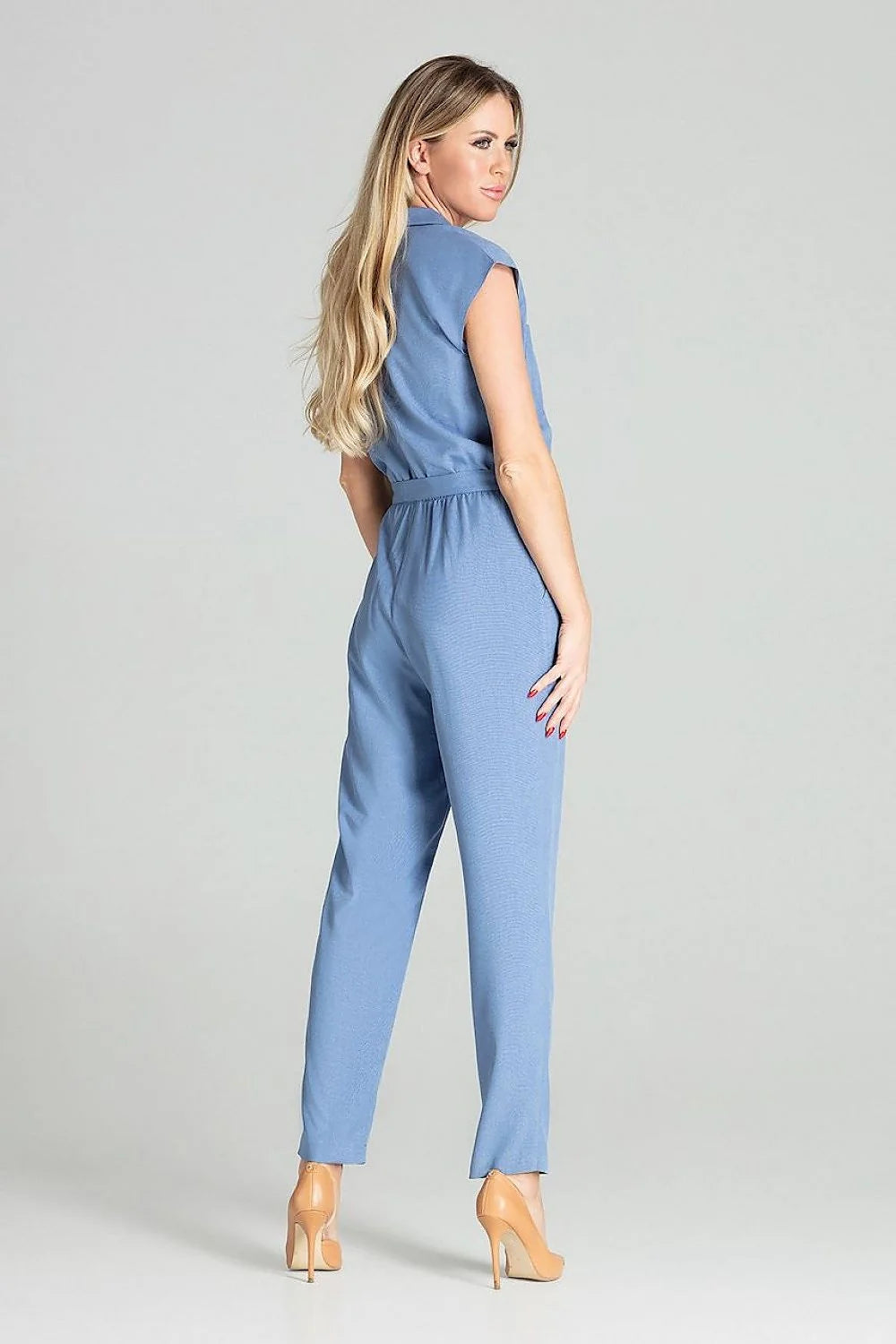 Combinaison femme polyester chic bleu pastel manches courtes ceinture nouée élégante polyvalente taille ajustée
