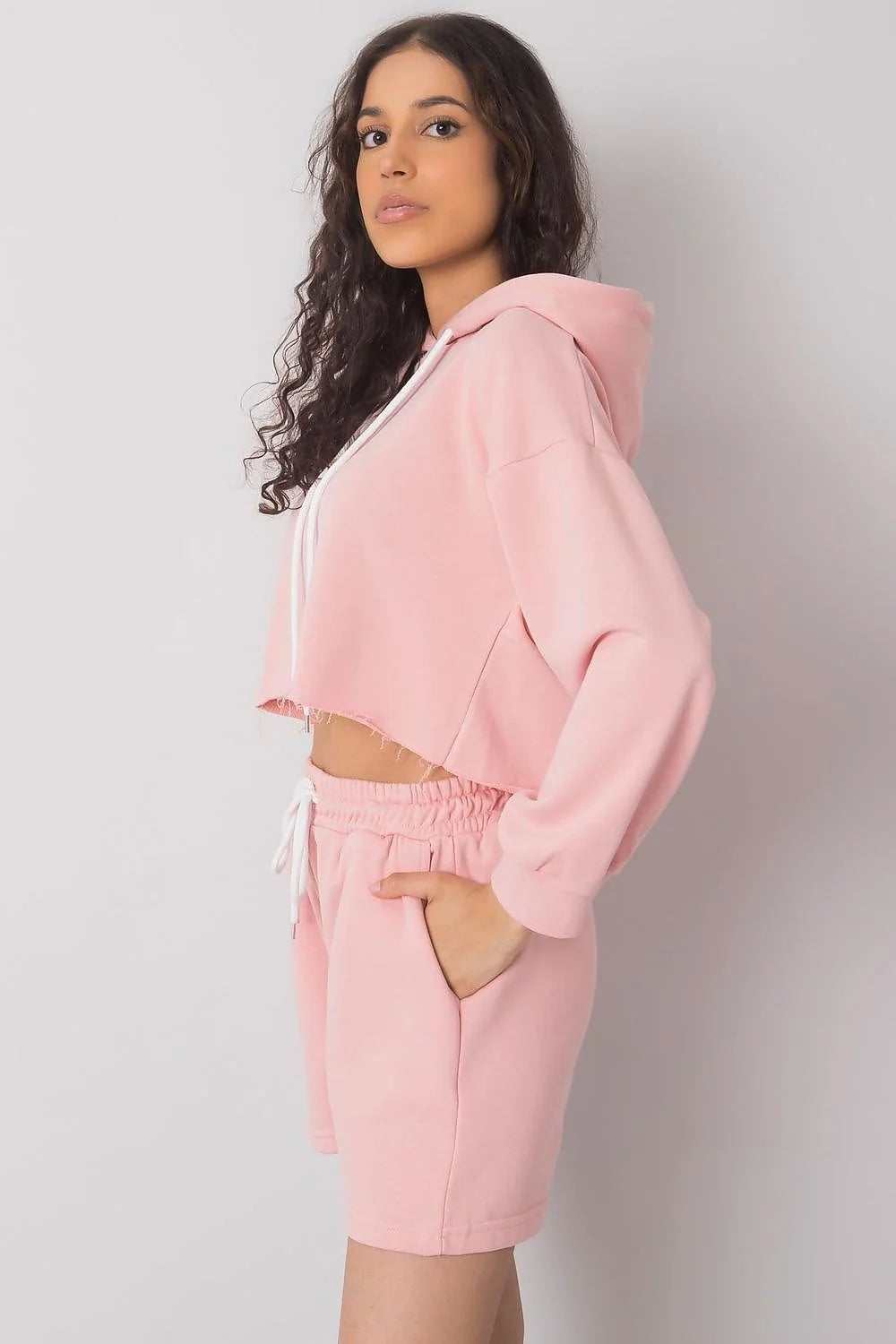 Ensemble Ex Moda pour femme, hoodie court et short assorti, style décontracté, rose pâle, coton 70% polyester 30%
