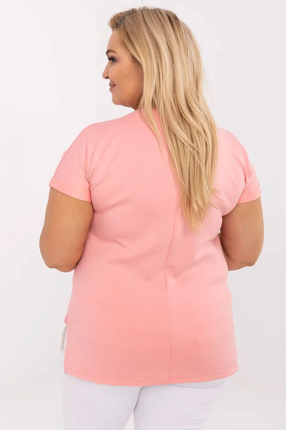Chemisier grande taille soft pink coupe droite manches courtes col rond tissu doux respirant mode féminine casual