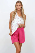 Pyjama pour femme deux pièces tank top et short floral motif rose clair élastique à la taille tissu respirant pour nuits chaudes détente à domicile