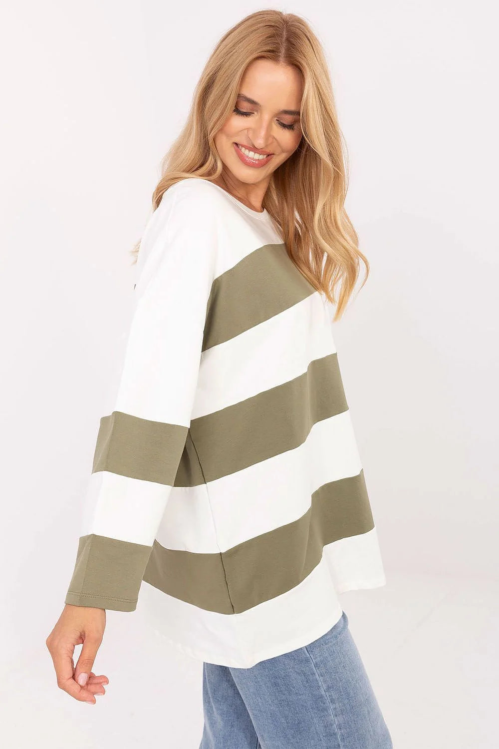 chemisier oversize femme casual décontracté coton elasthanne manches longues col rond rayures horizontales larges blanc kaki coupe ample longueur hanches