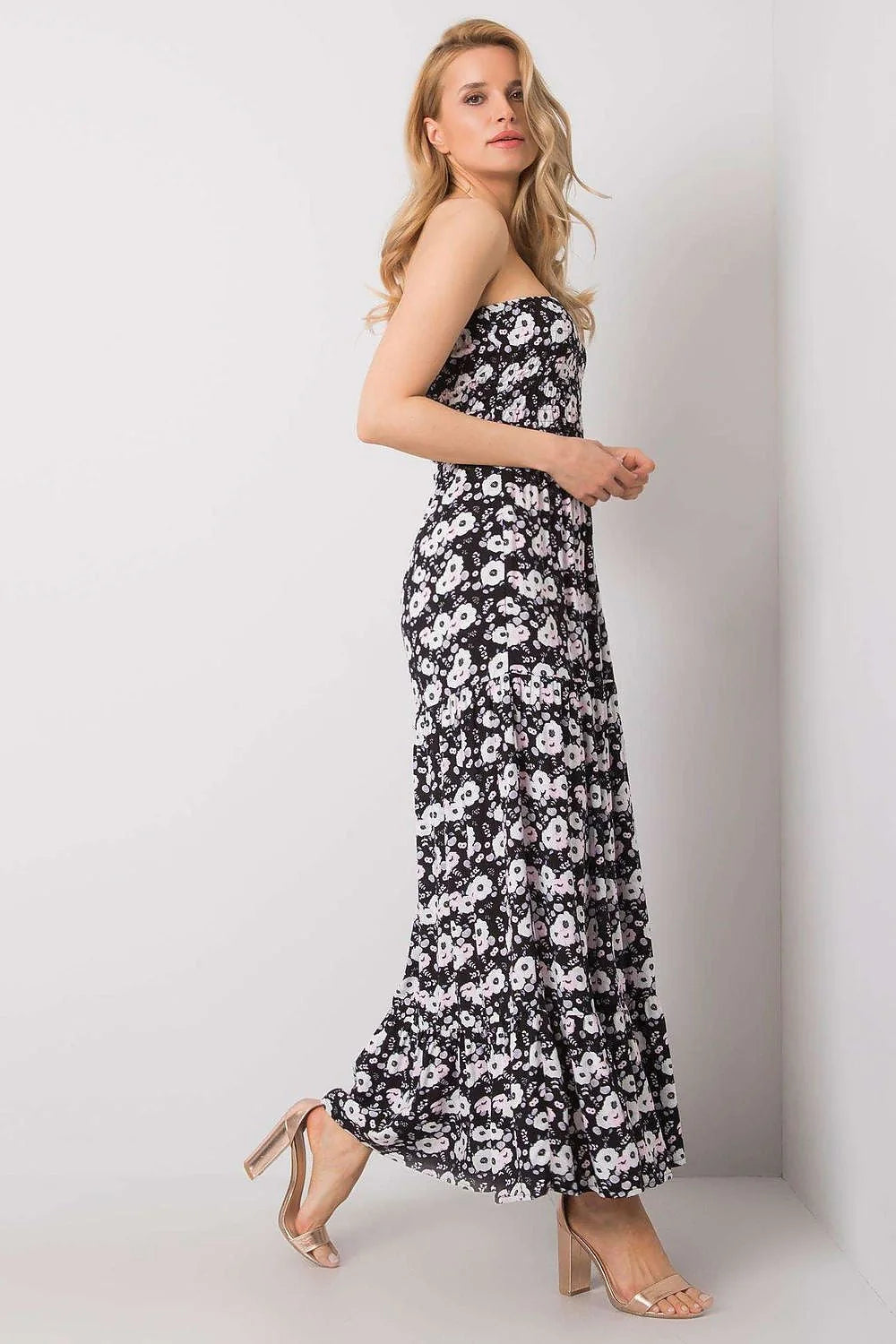 Robe de jour Fresh Made longue sans bretelles floral noir blanc rose clair élastique volants femme été