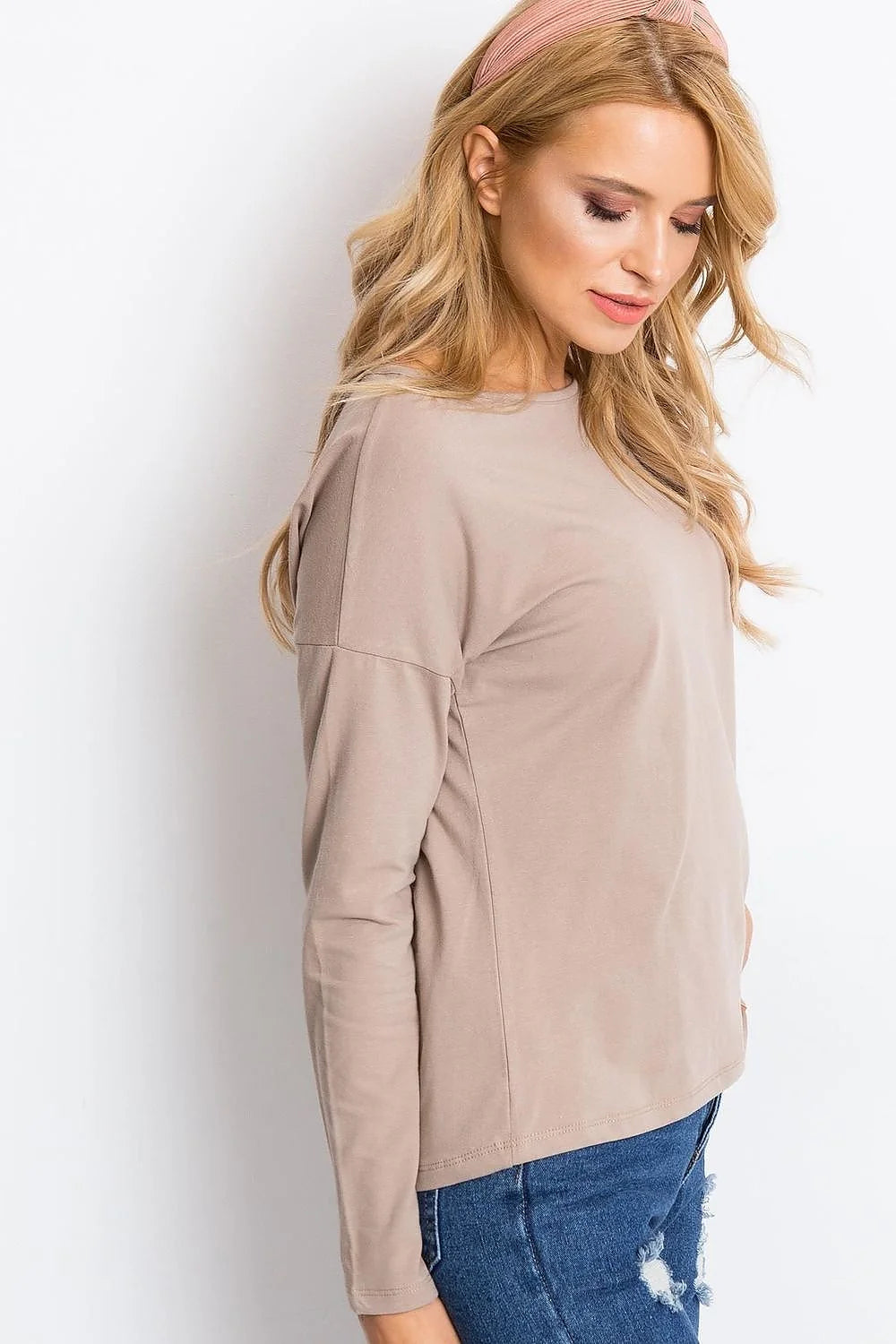 Chemisier ajusté coton élasthanne taupe moderne élégant manches longues nœud central pour femme tendance