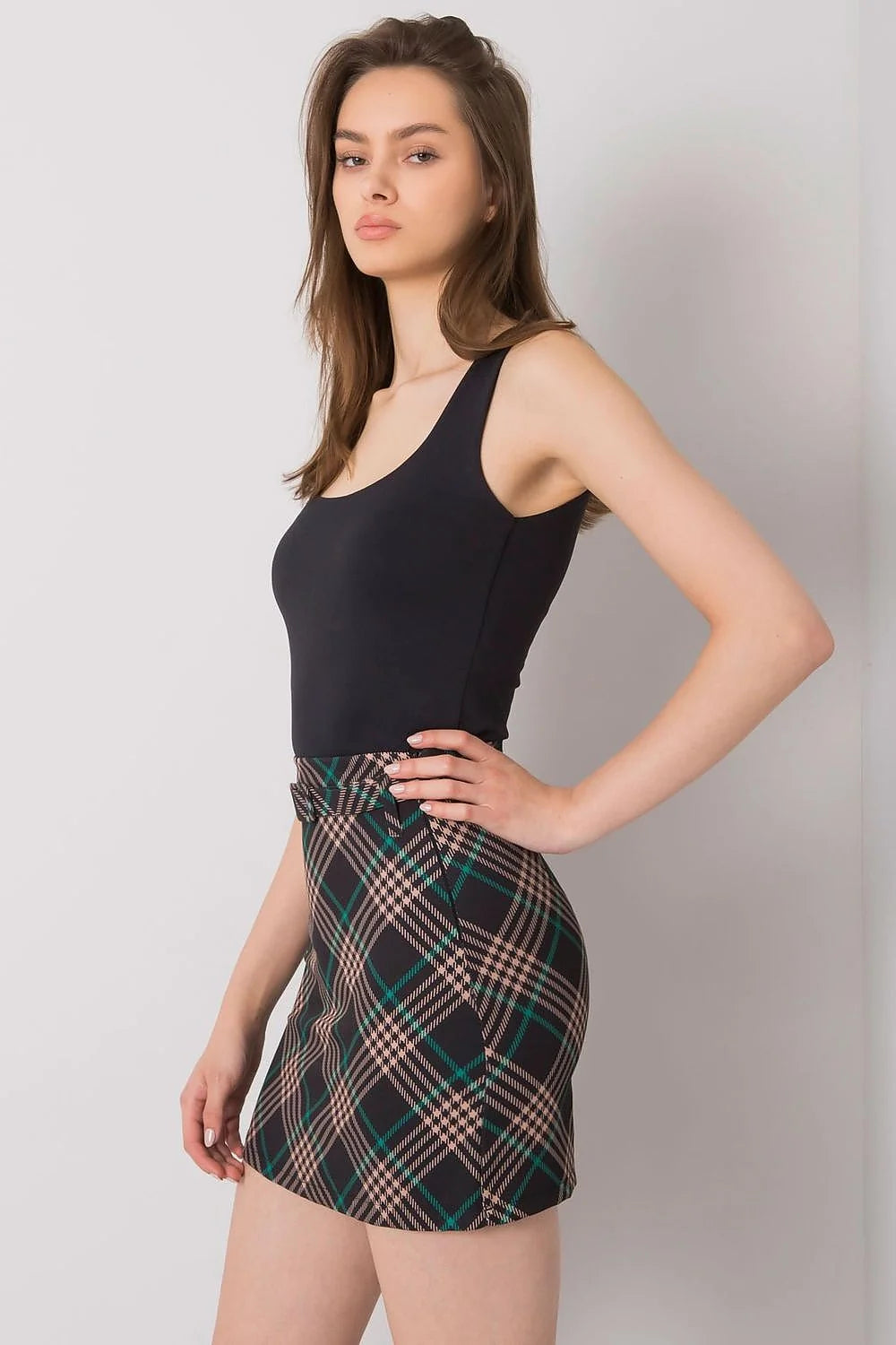 Mini-jupe à carreaux polyester chic évasée ceinturée taille haute femme élégante look moderne