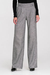 pantalon femme taille haute palazzo tailleur chiné gris tweed plis devant jambe large longue ceinture boutons décoratifs élastique arrière élégant