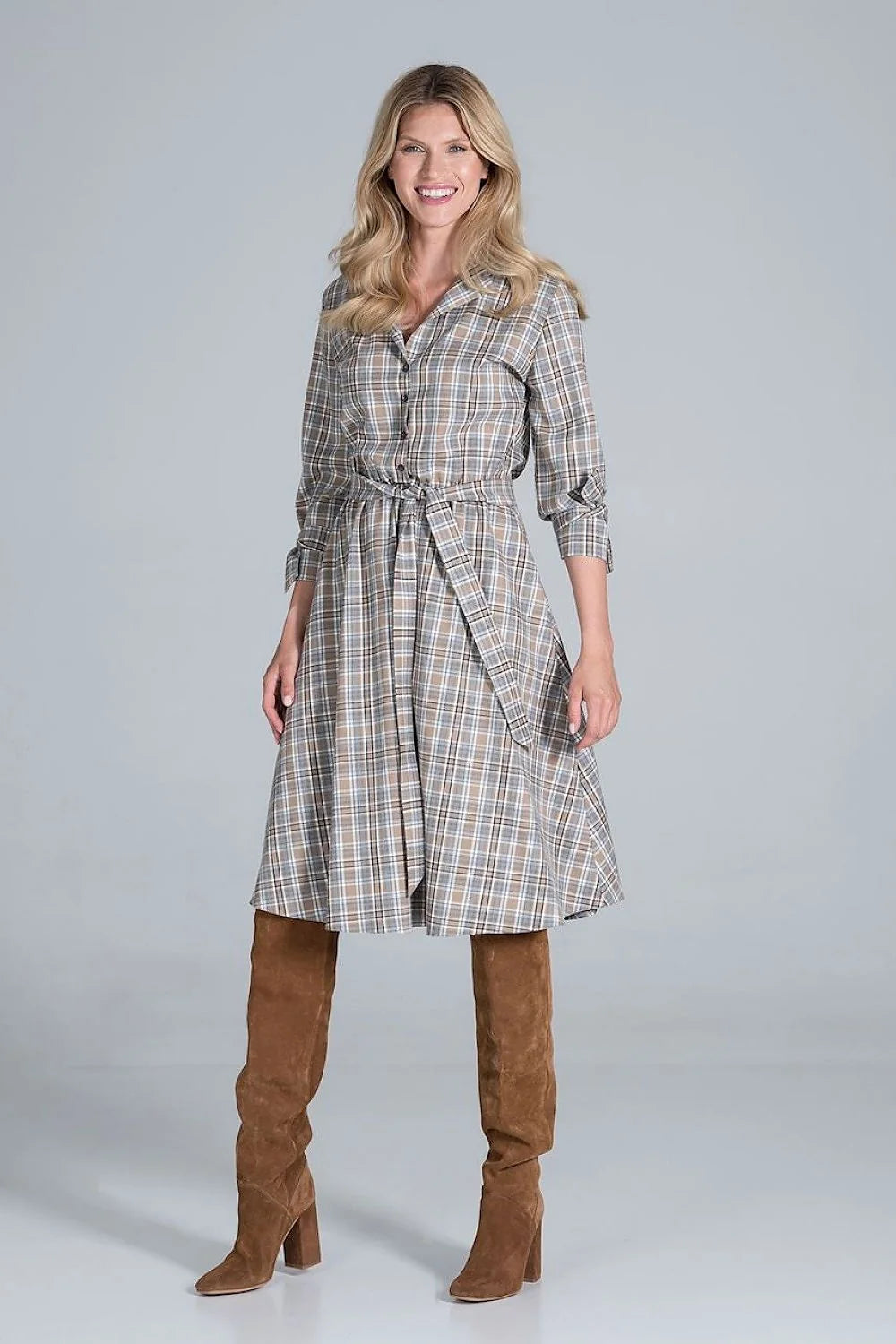 Robe chemise viscose décontractée à carreaux manches longues ceinture ajustable élégante pour femme automne