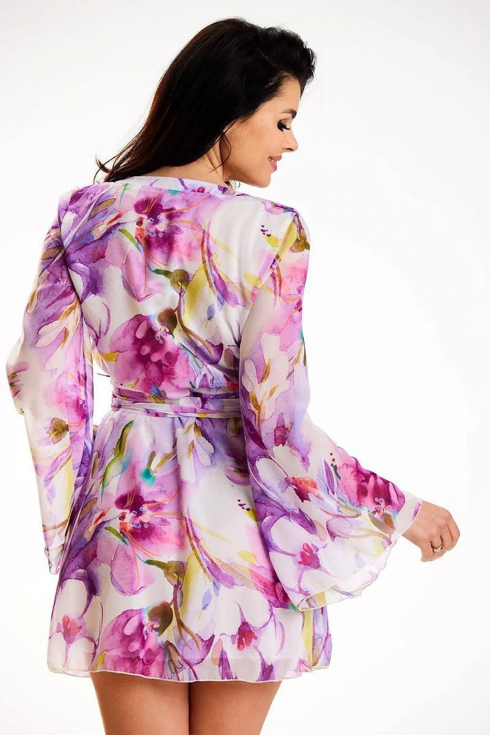 Robe awama élégante en mousseline floral violet rose veste longue poitrine ajustable occasion printanière été