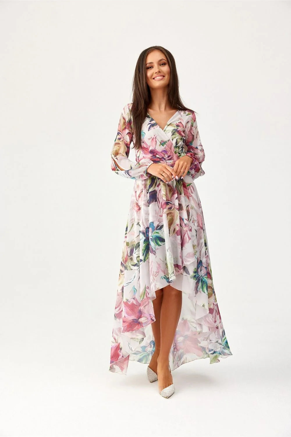 Robe de jour élégante en mousseline imprimée floral V-neck empire manches longues ceinture intégrée femme