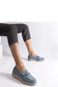 Moccasins femmes Gemre Sandoval bleu suédine cuir nubuck boucle dorée confort porté toute la journée occasion quotidienne décontracté chic
