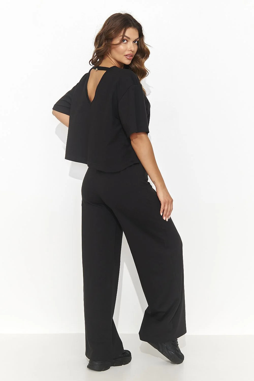 Ensemble femme noir élégant loose top et pantalon large en jersey coton confort style moderne