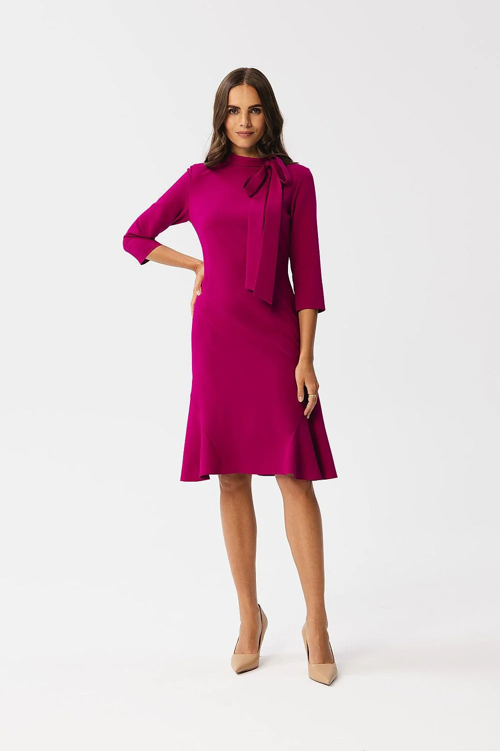 Robe élégante pour femmes robe de jour Stylove couleur magenta manches 3/4 coupe ajustée détails raffinés robe polyvalente mode féminine