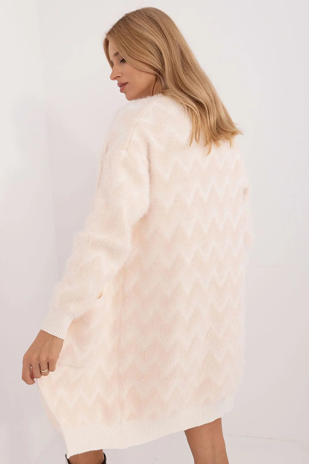 Cardigan féminin long décontracté sans fermeture éclair manches longues poches plaquées couleur rose pâle