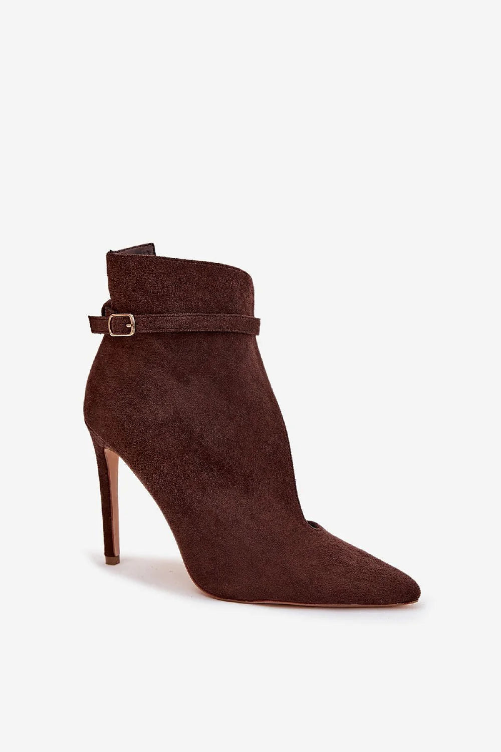 bottines femme simili daim marron chocolat bout pointu silhouette effilée talon aiguille haut bride fine boucle métal semelle cuir
