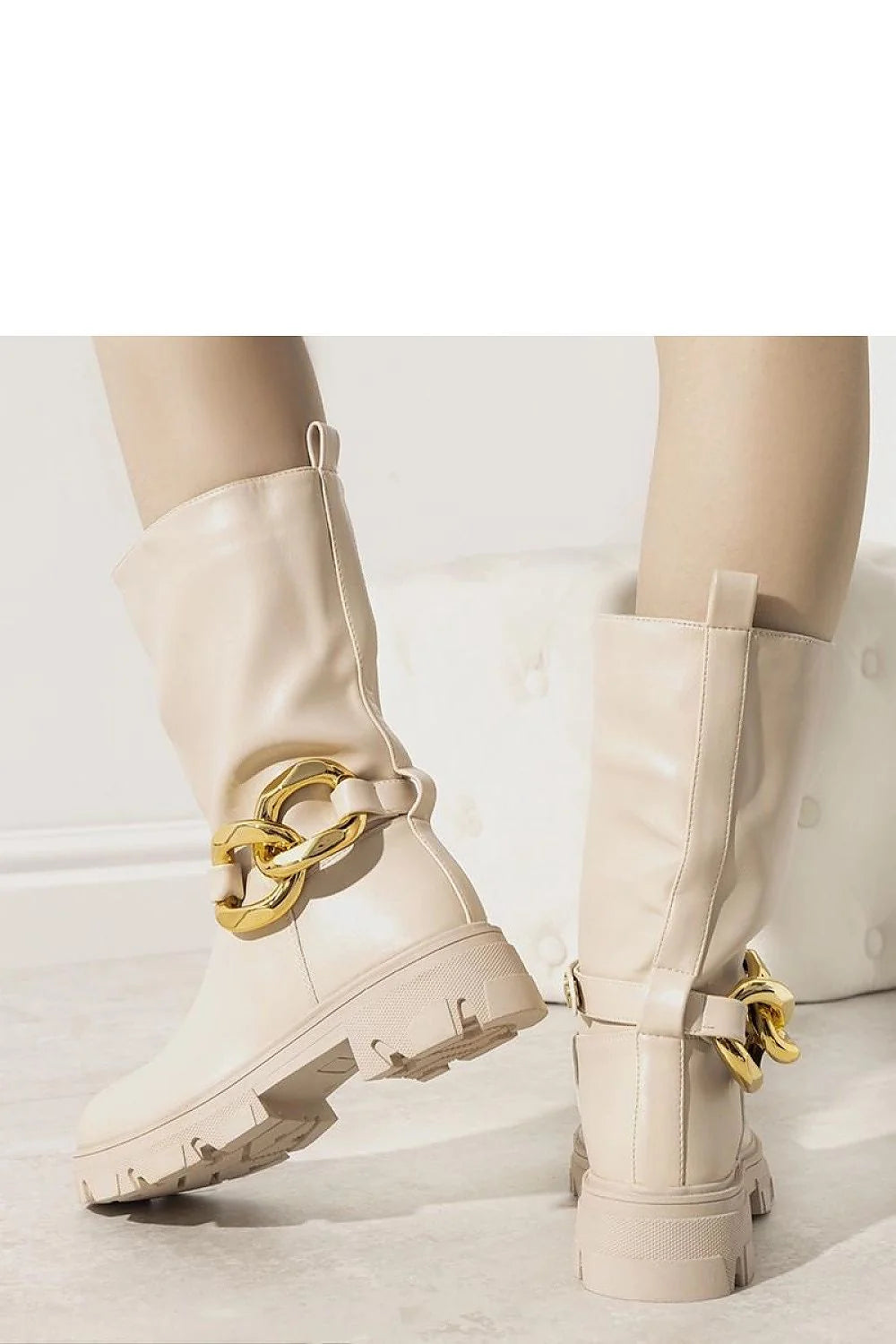 Bottes Solea femmes élégantes beige cuir synthétique design moderne boucle dorée talon épais automne hiver