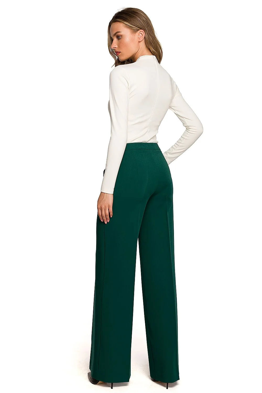 Pantalon femme Stylove élégant sophistiqué coupe palazzo vert émeraude taille haute matériaux luxueux manches longues haute qualité
